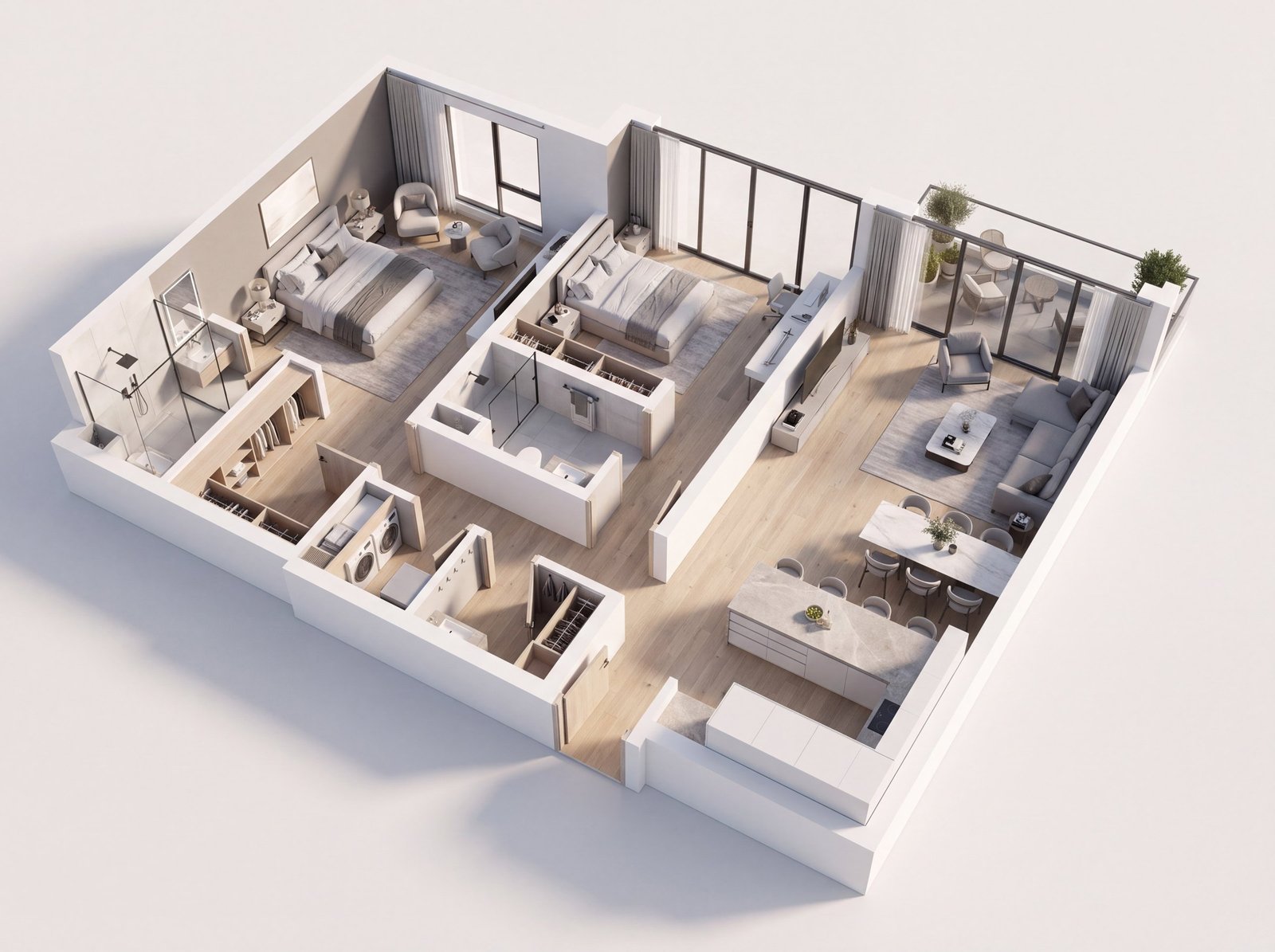 The same two-bedroom unit as a furnished 3D cutaway