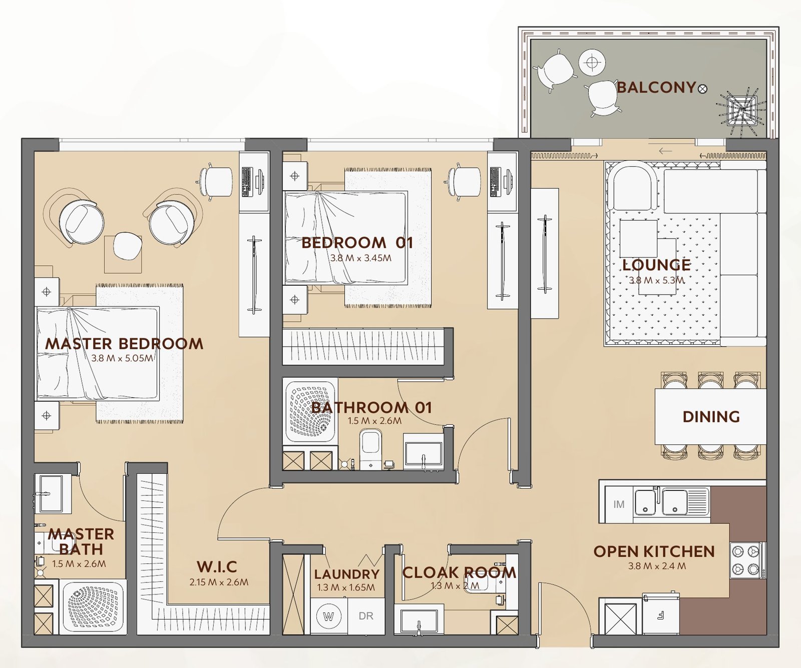 Two-bedroom floor plan from a property brochure