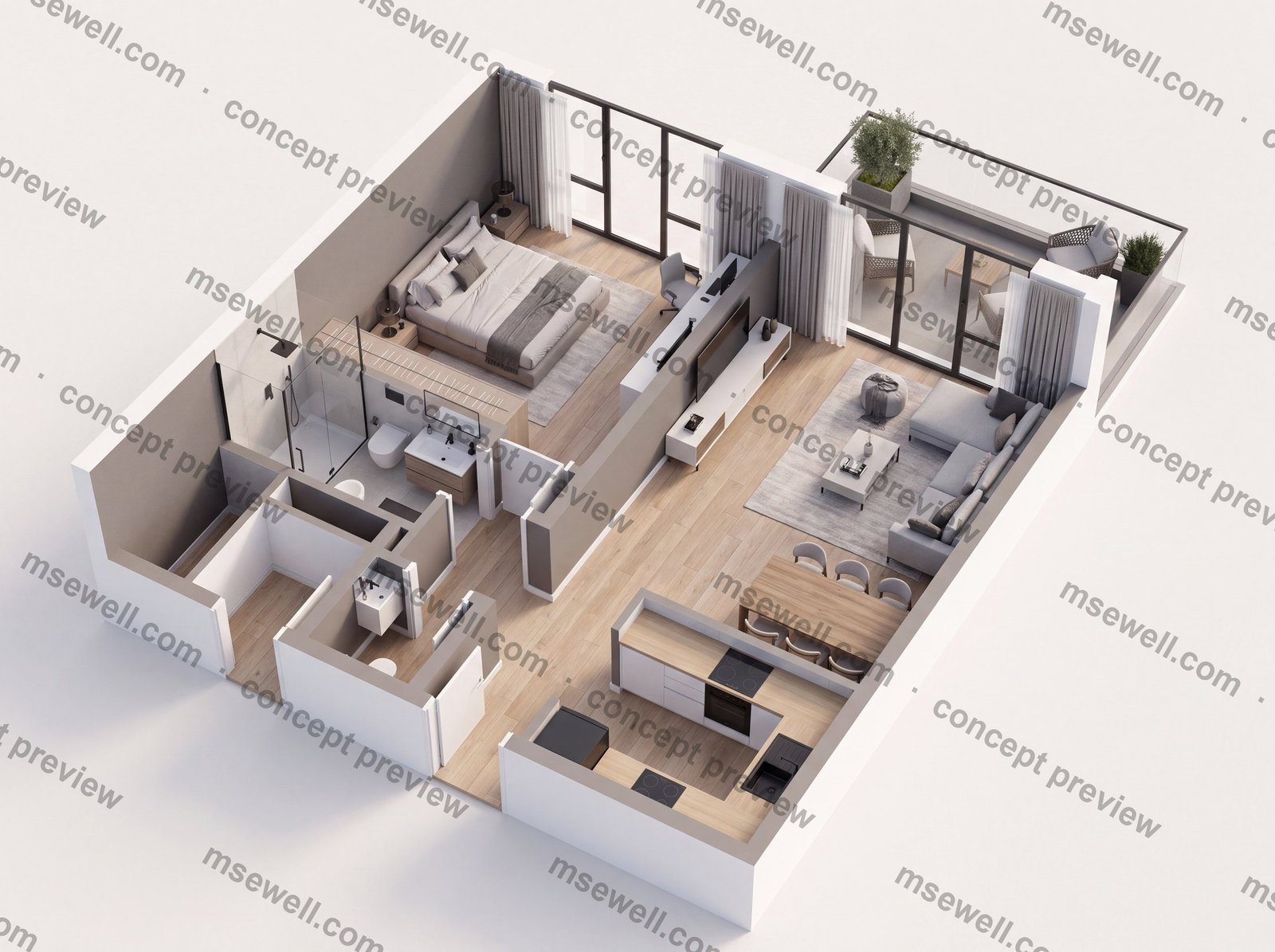 1 Bedroom rebuilt as a furnished isometric 3D cutaway, contemporary finish