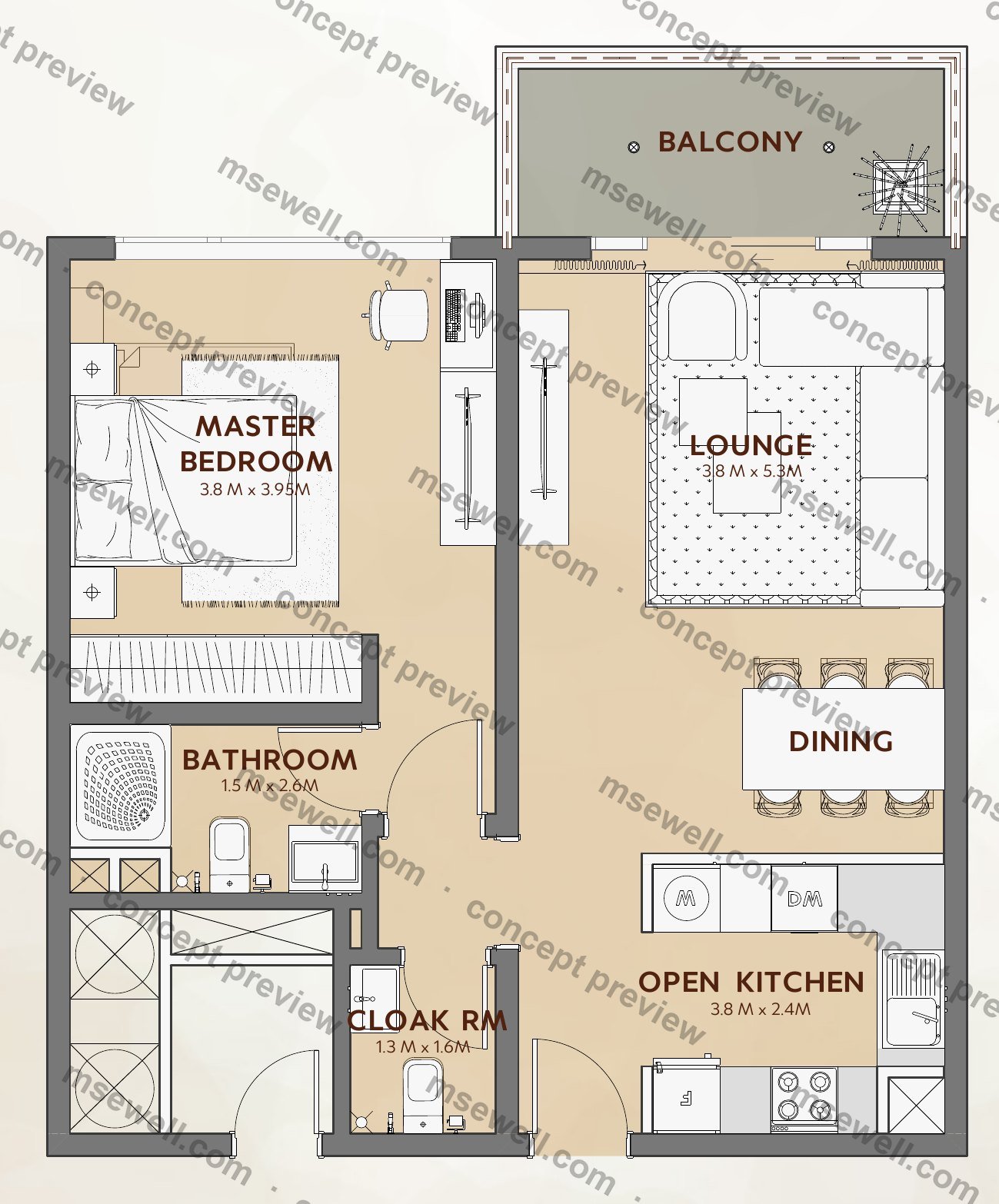 1 Bedroom floor plan from the Enzo brochure