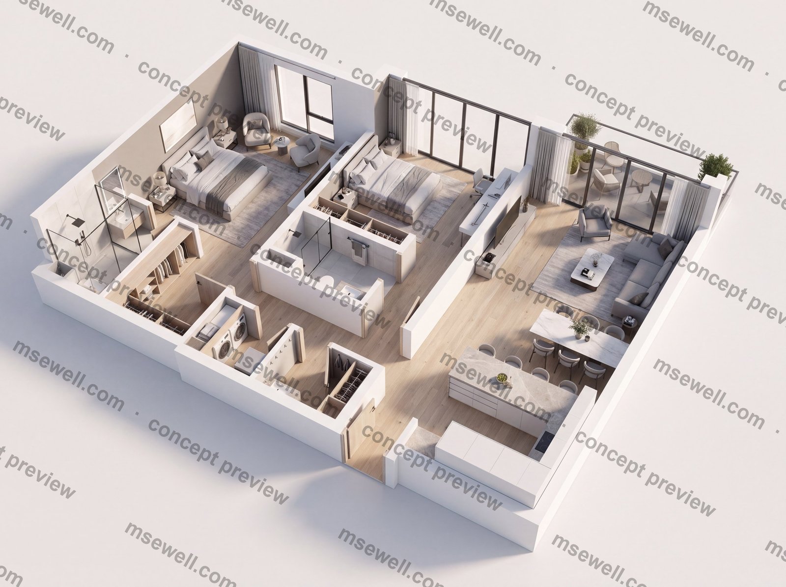 2 Bedroom Type A rebuilt as a furnished isometric 3D cutaway, contemporary finish