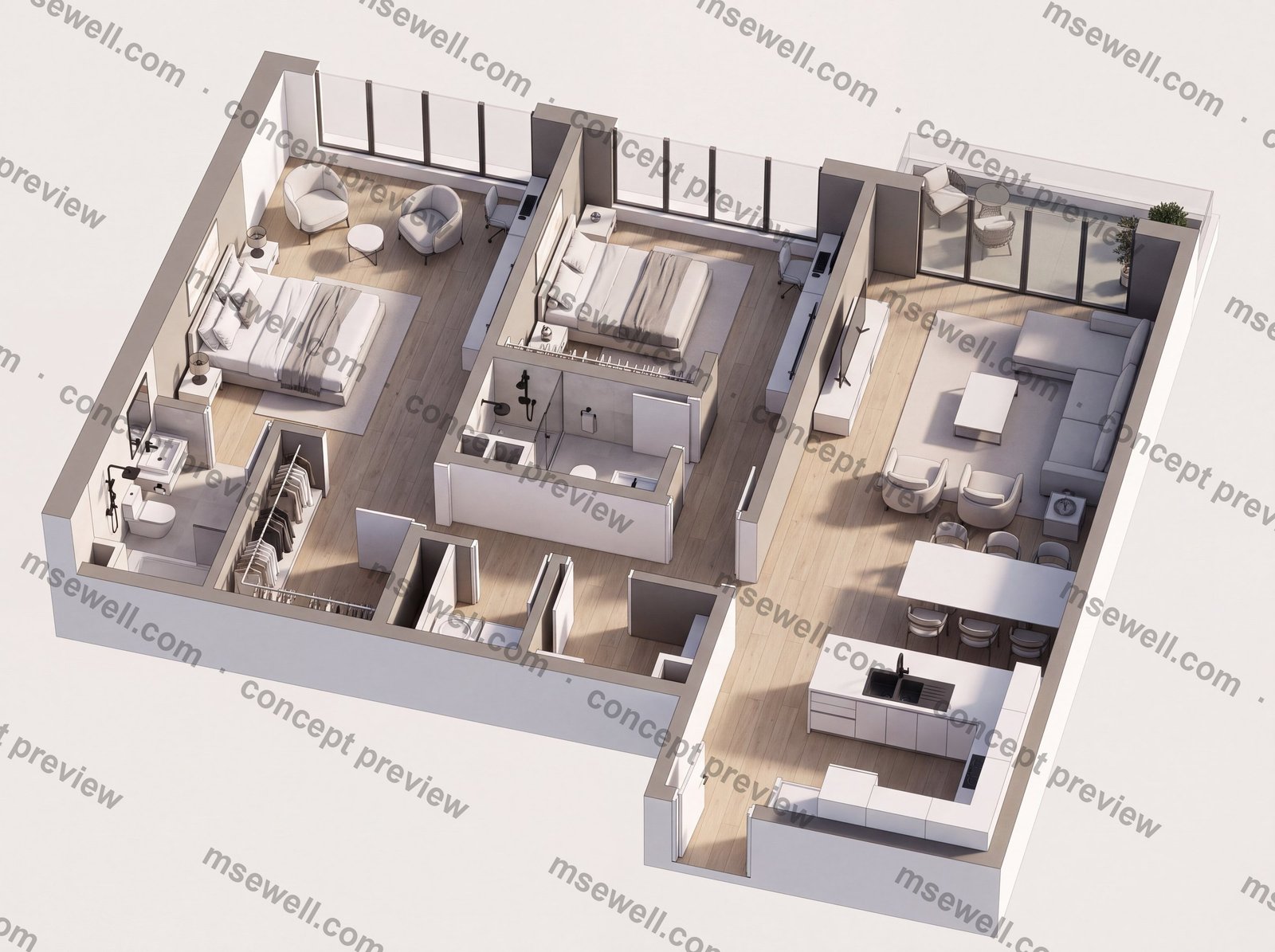 2 Bedroom Type B rebuilt as a furnished isometric 3D cutaway, contemporary finish