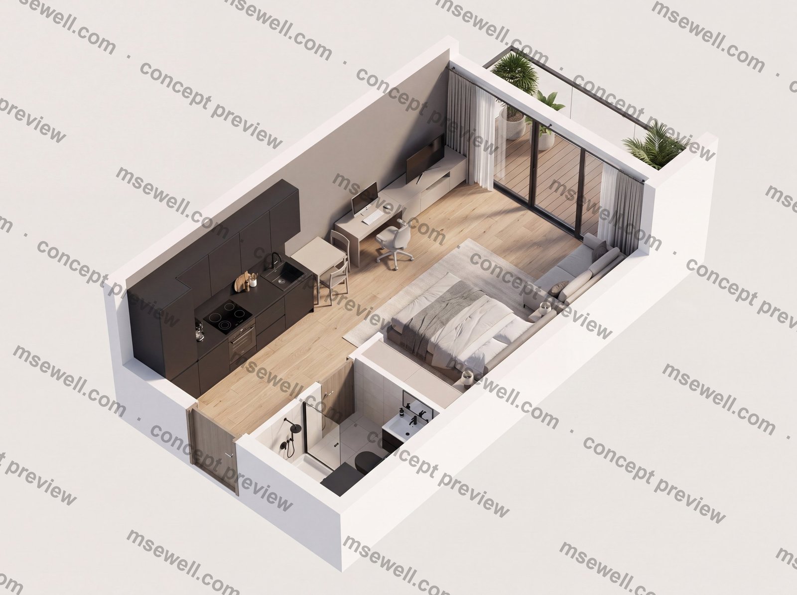 Studio rebuilt as a furnished isometric 3D cutaway, contemporary finish